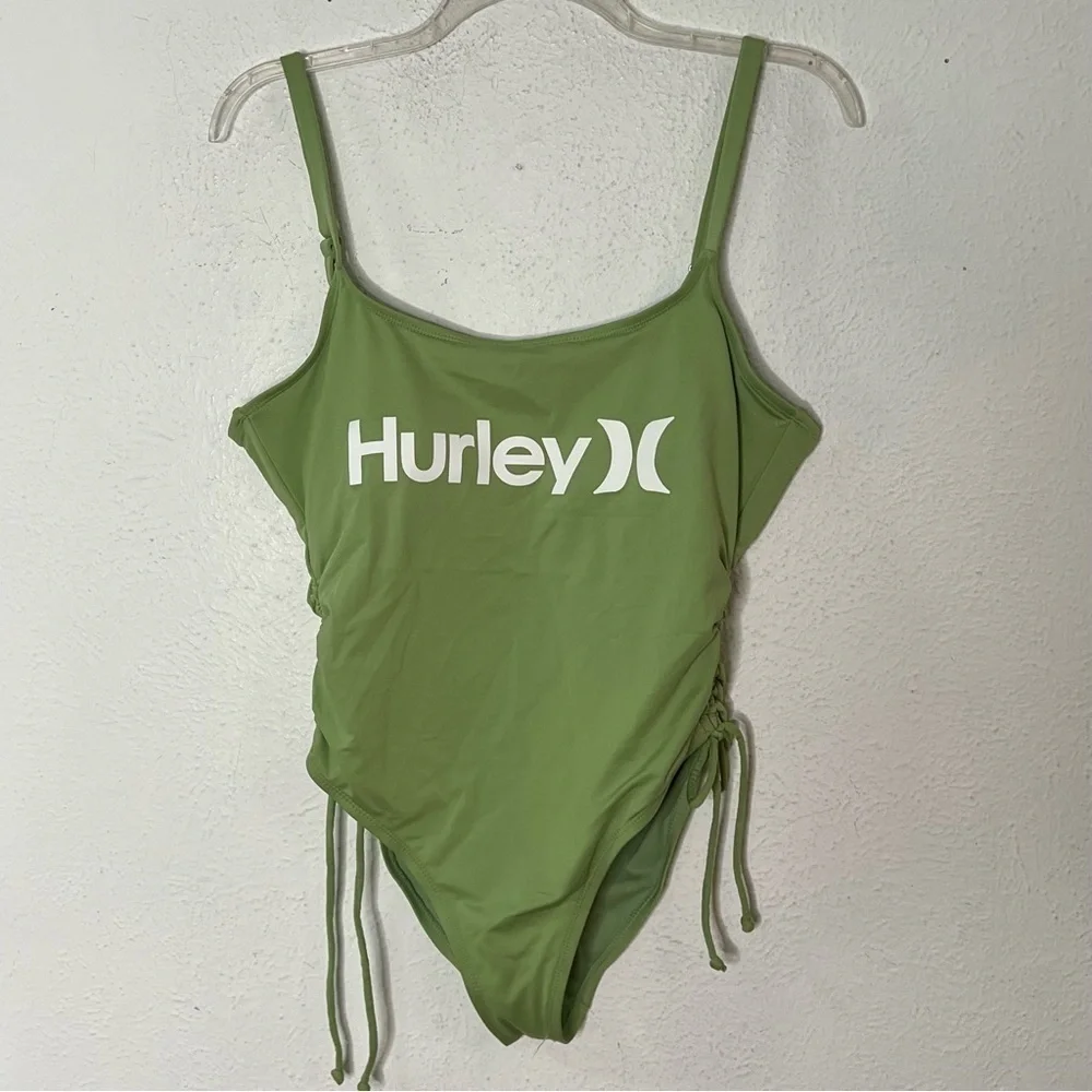 Hurley Optimism logo green ruched one piece swimsuit - Picture 3 of 9
